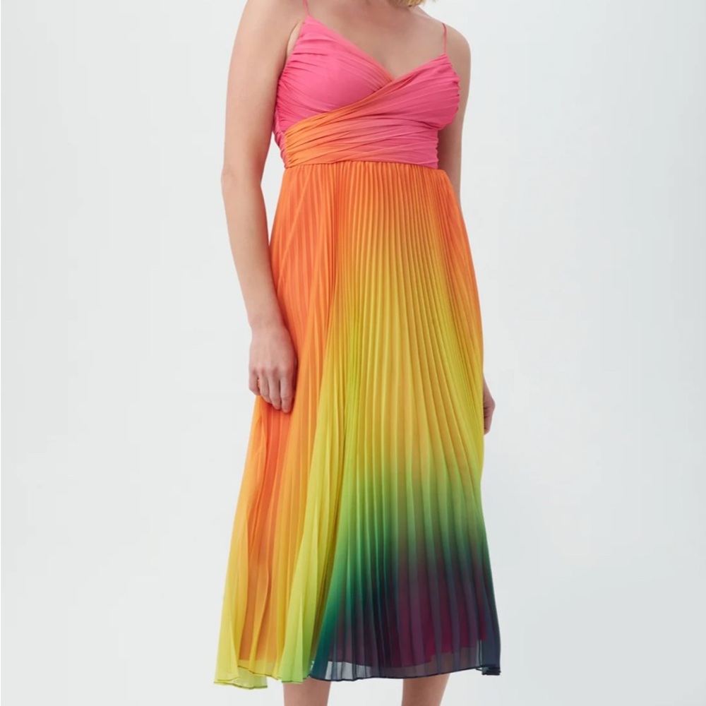 Trina Turk Pink and Orange Pleated Maxi Dress Sweetheart Neckline
